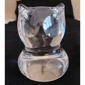 Glass Paperweight Abstract Owl Head on Pedestal Base Large Eyes Clear